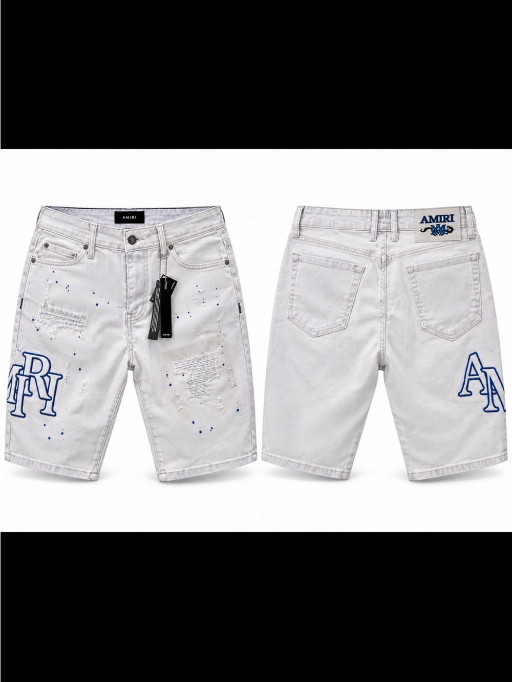 AMIRI White Denim Shorts with Blue Logo Embroidery